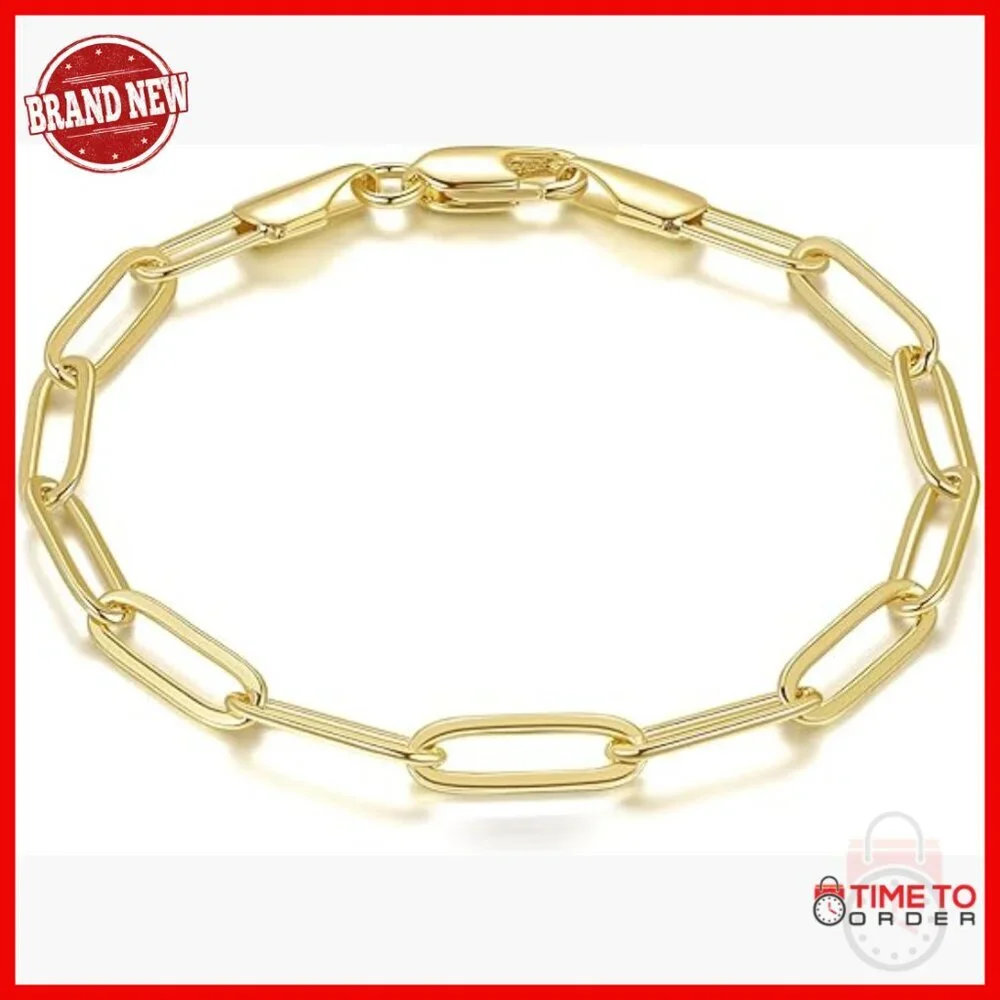 14K Gold Plated Paperclip Chain Bracelet Lobster Clasp 6.5-9in Stackable